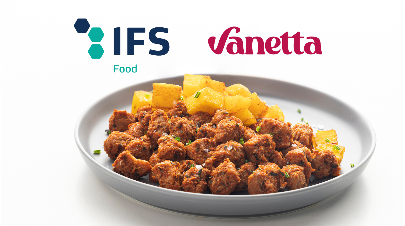 Ilustración de un sello de certificación IFS Food con iconos de control de calidad alimentaria