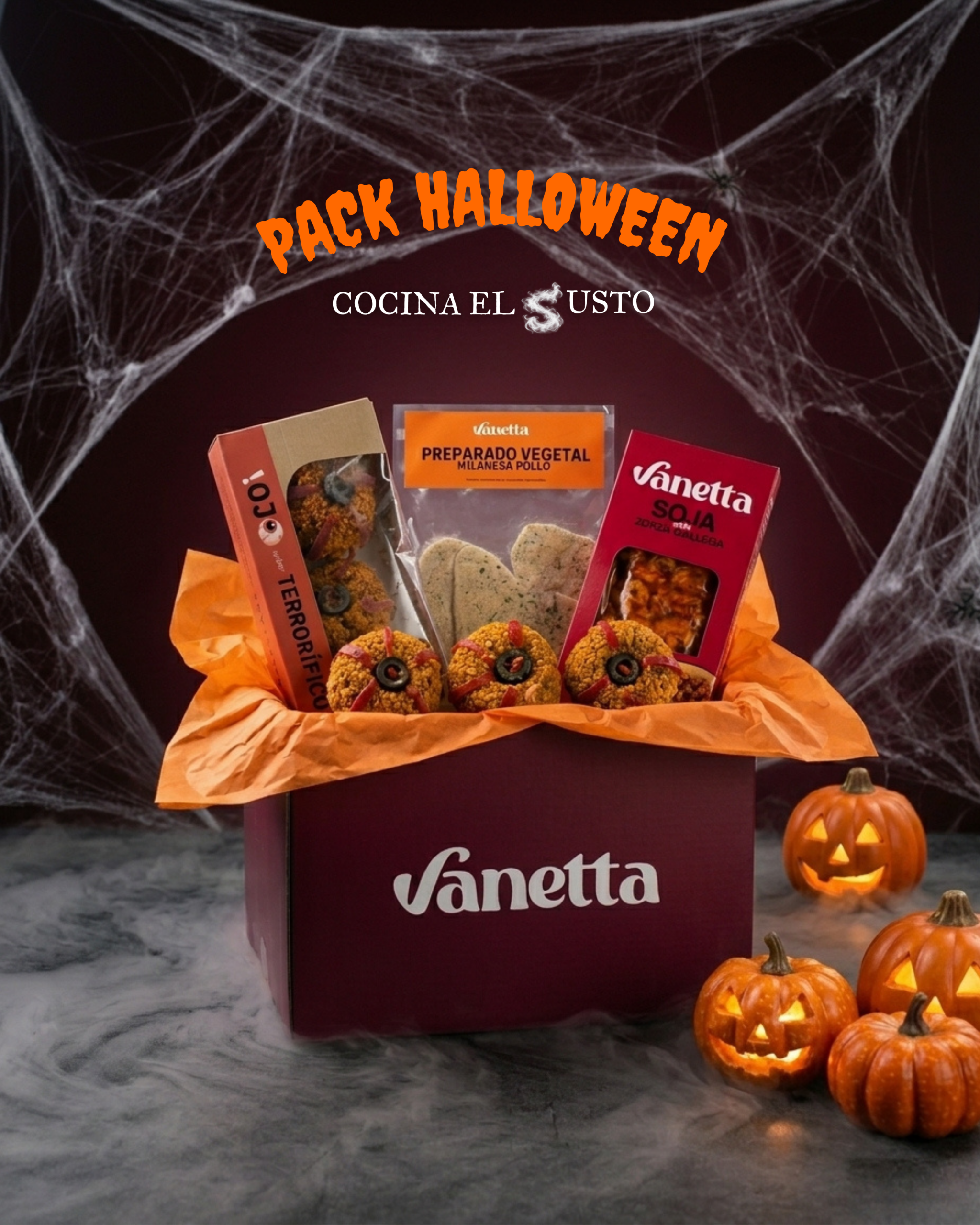 Pack Halloween vegano vanetta con zorza, milanesa y ojos terroríficos.
